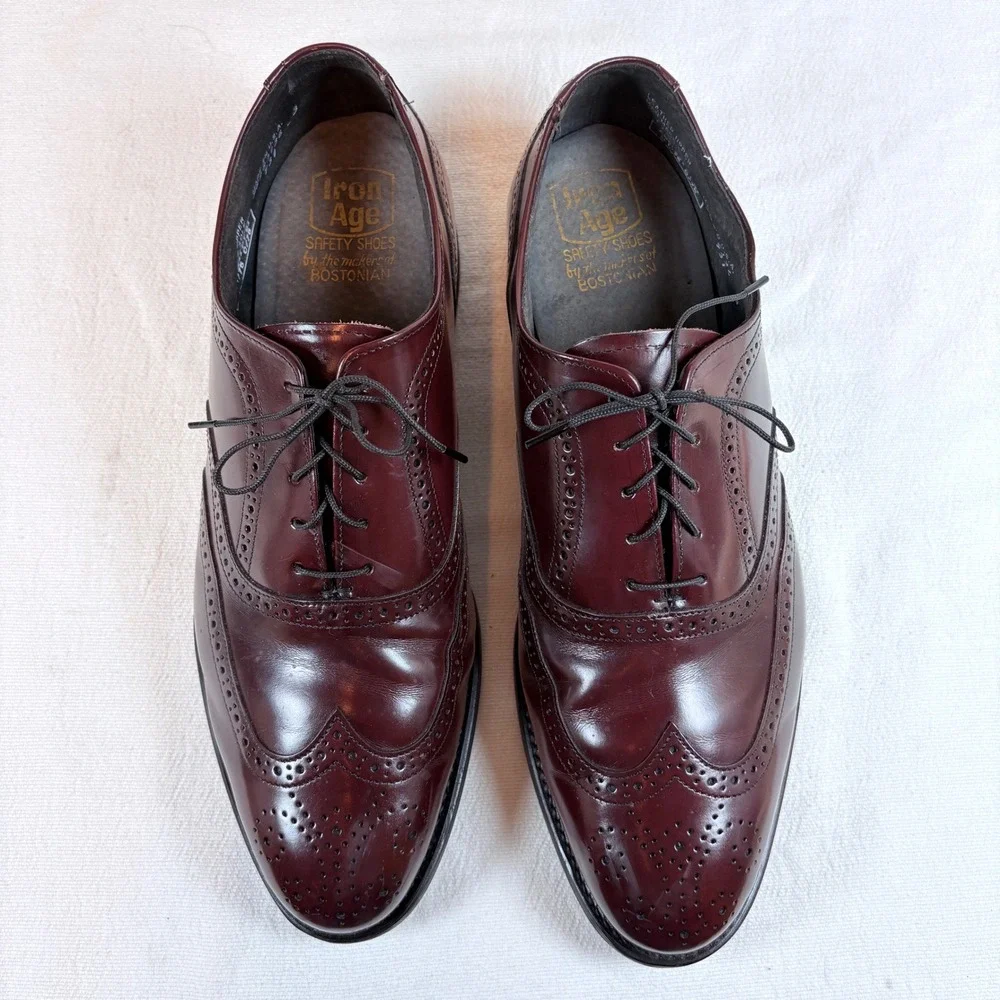 Vtg Iron Age Bostonian Men 11.5 M Burgundy Leather Wingtip Safety Toe Shoes USA